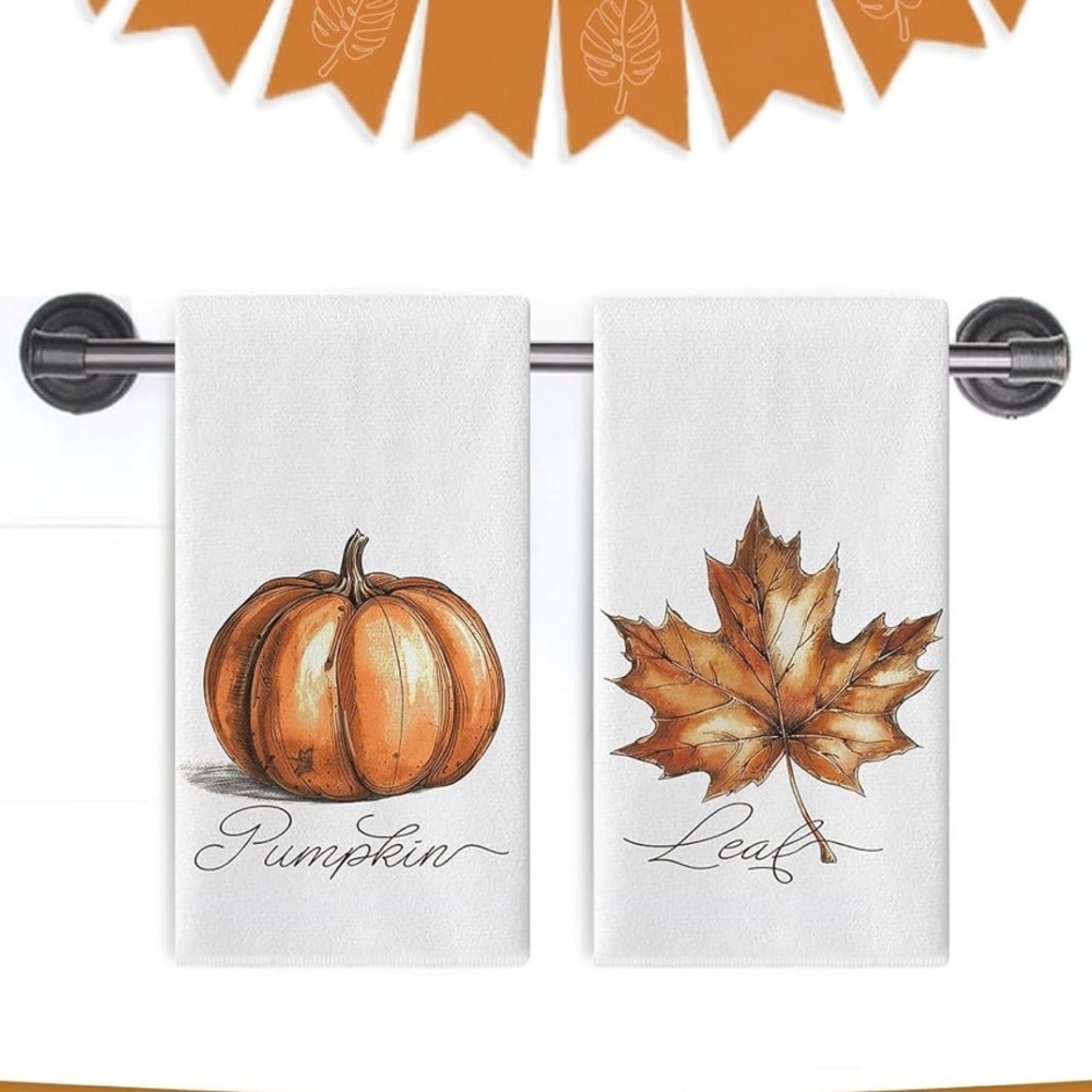 Pumpkin Maple Leaf Kitchen Dish Towels Set of 2 - Picture 3 of 3